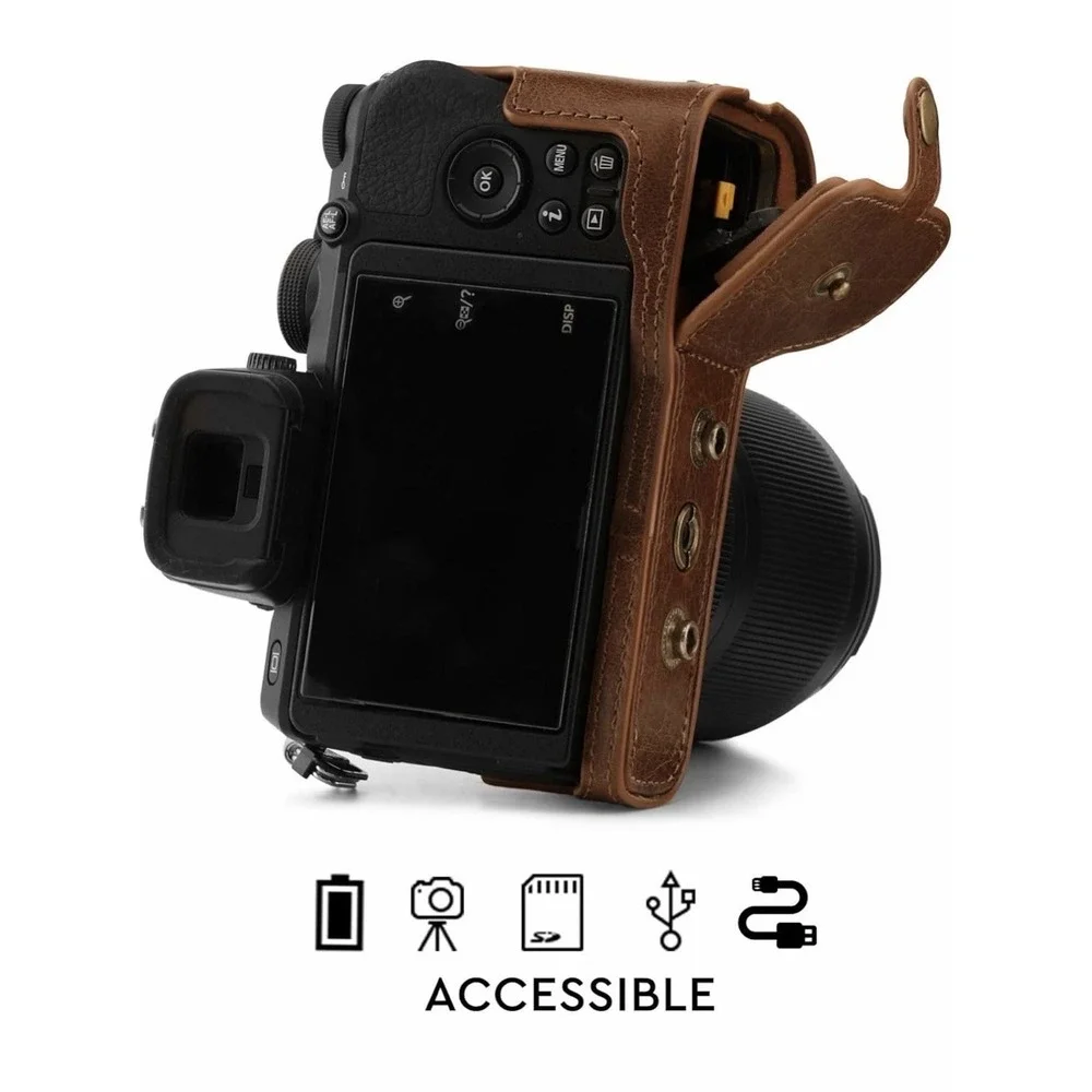 MegaGear Genuine Leather Camera Case Compatible With Nikon Z50 (50-250MM) Brown